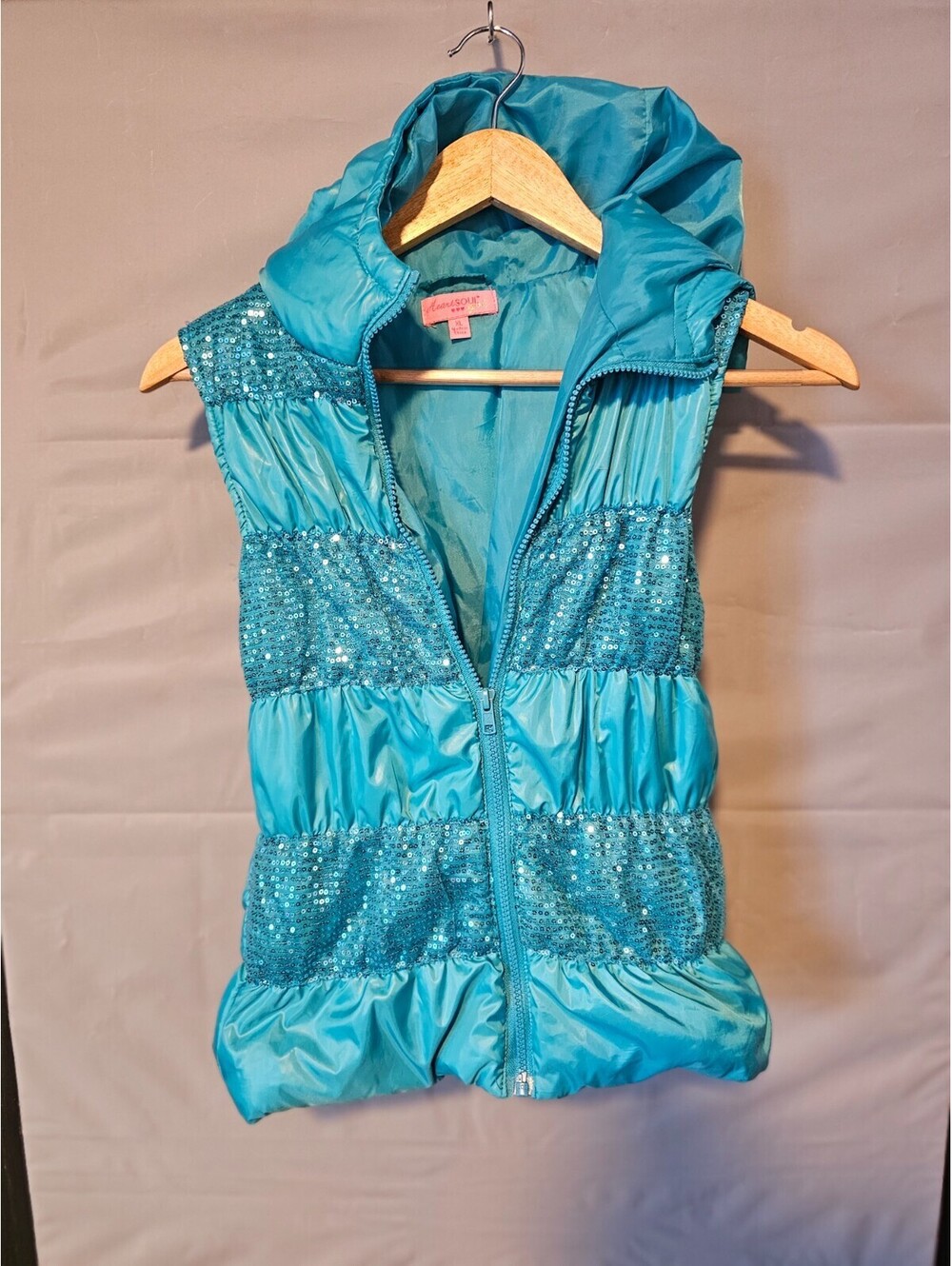 HeartSoul Girl Puffer Vest Girls XL Turquoise Sequin Hooded Zip